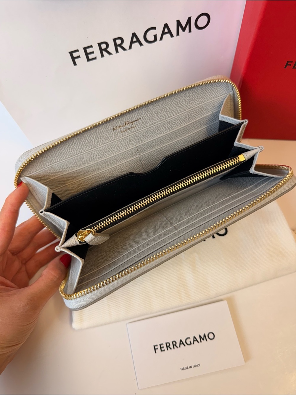 Salvatore Ferragamo Gancini Zip Around Wallet Pale Blue Gray Saffiano Leather - Picture 9 of 14